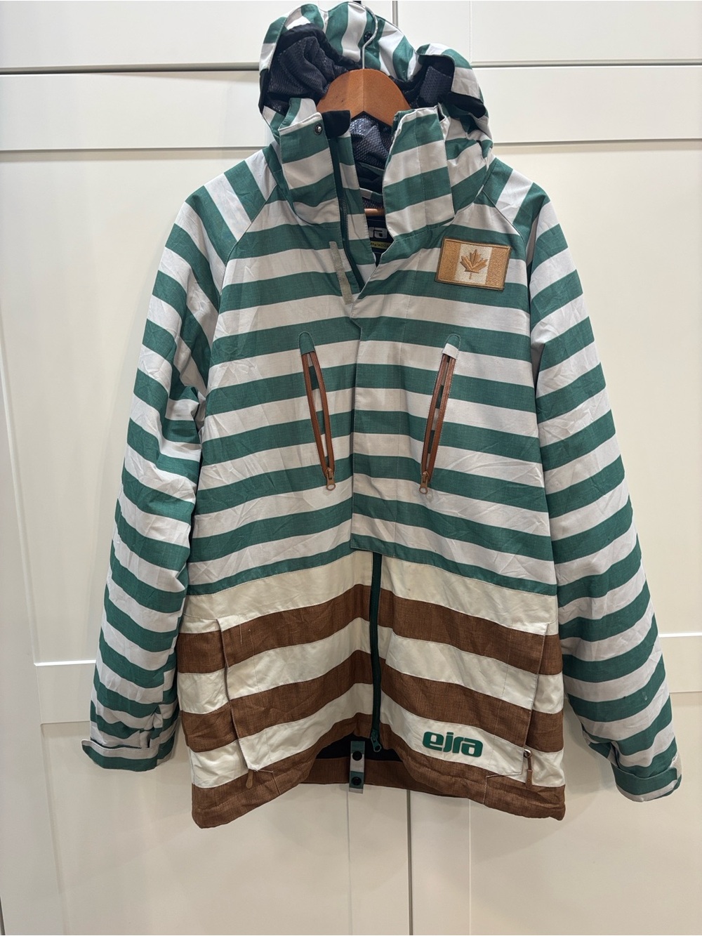 Made in Canada Green & White Striped Hooded ski Jacket with Brown Accents